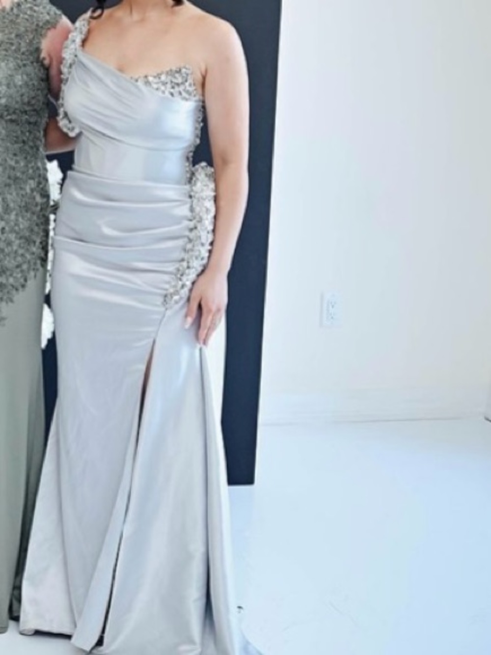 Silver One-Shoulder Evening Gown with Sequin Detail - Picture 3 of 3